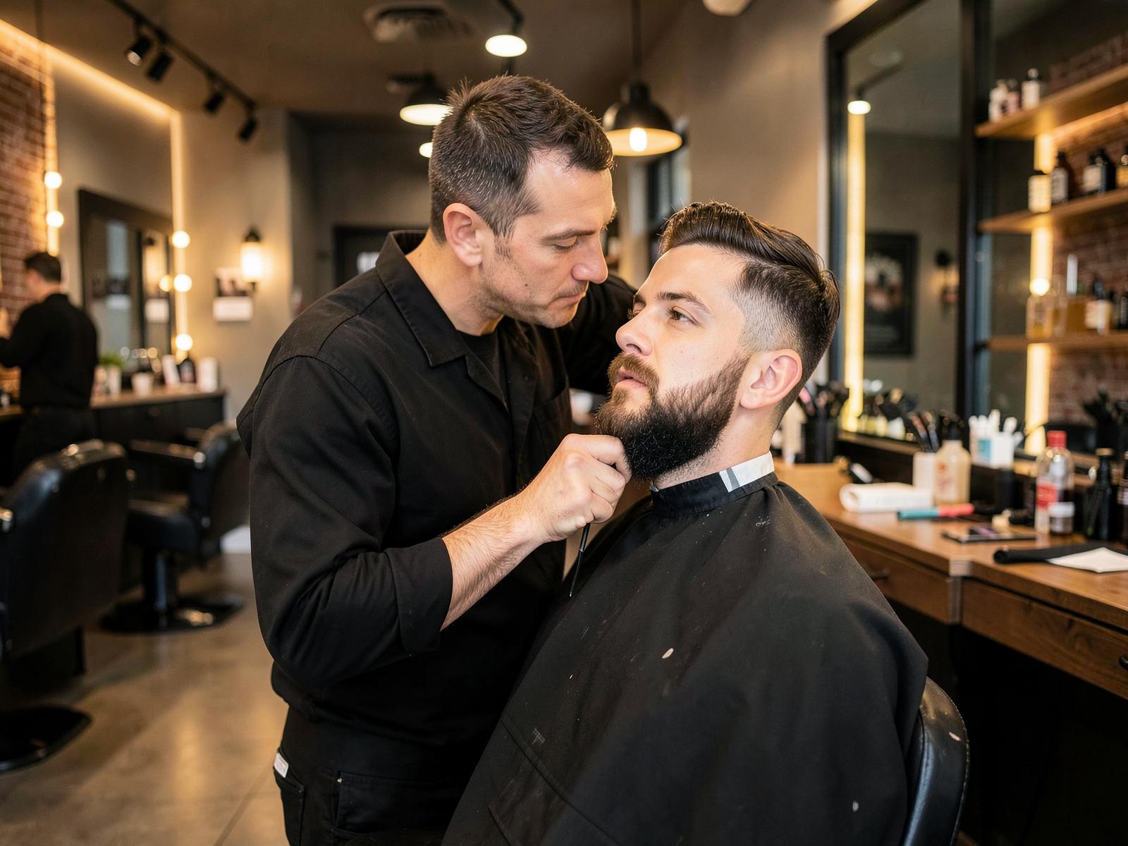 Barbeiro aparando a barba de um cliente em uma barbearia