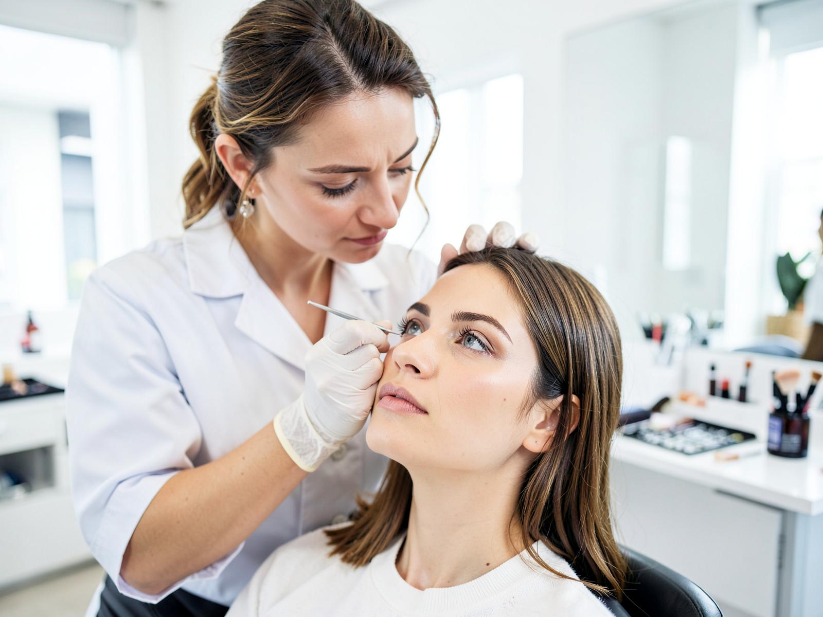 Designer de sobrancelhas e cílios atendendo uma cliente