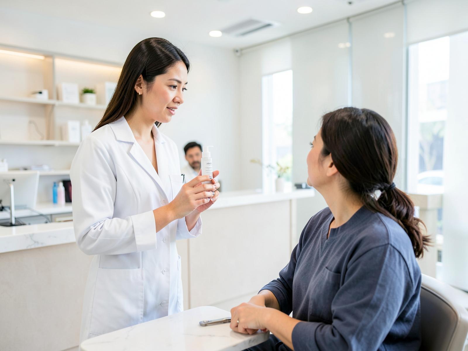 Esteticista orientando uma cliente em uma clínica de estética