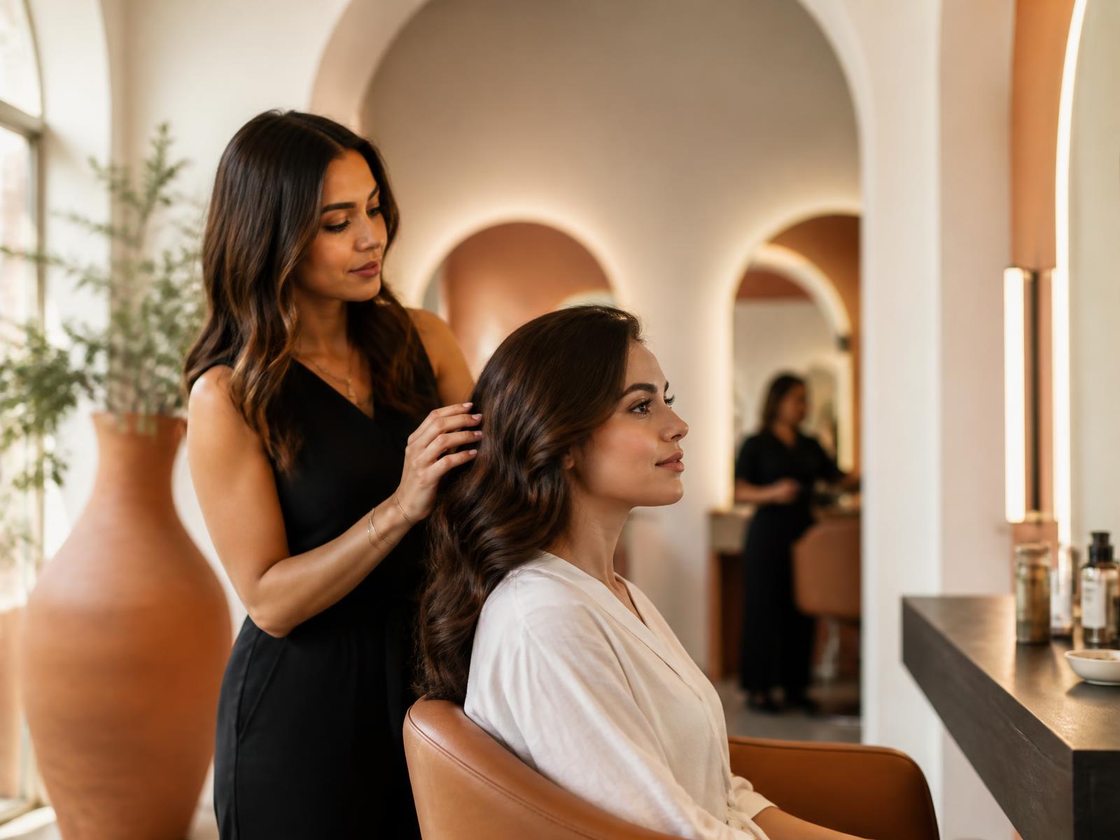Cabeleireira finalizando o cabelo de uma cliente em um salão moderno
